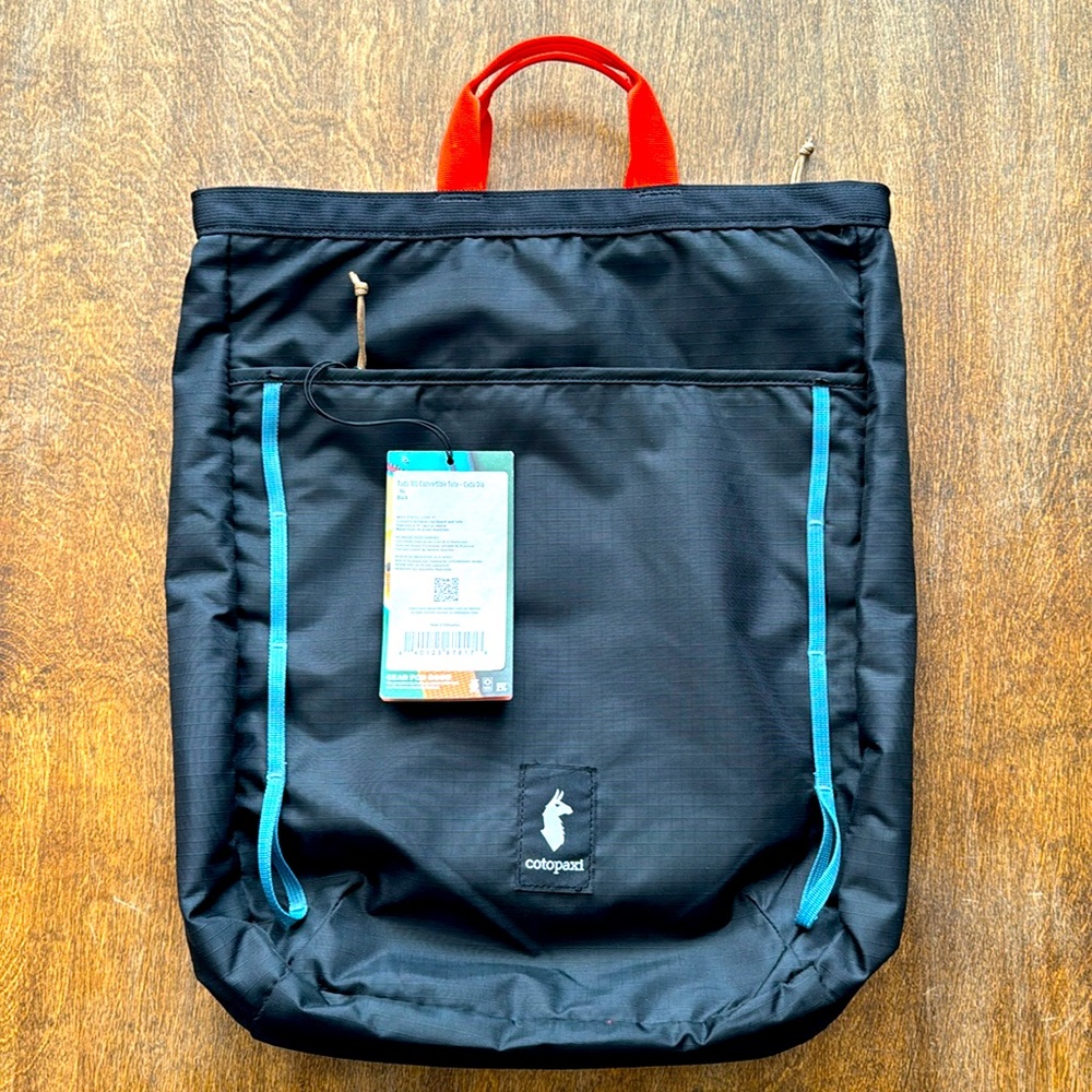 Cotopaxi Black Tote with Red and Blue Accents